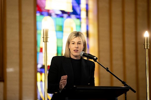 Opposition Leader Jess Wilson at the Caulfield Shule on Sunday. 