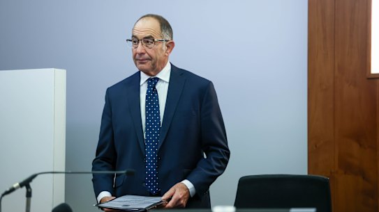 Commissioner Chris Kourakis takes his seat at the Melbourne Magistrates’ Court on Wednesday.