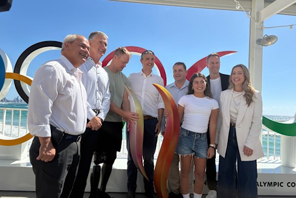 The reveal of the last two pieces of the Brisbane 2032 emblems on the Gold Coast, after the official YouTube account leaked the design two days early.