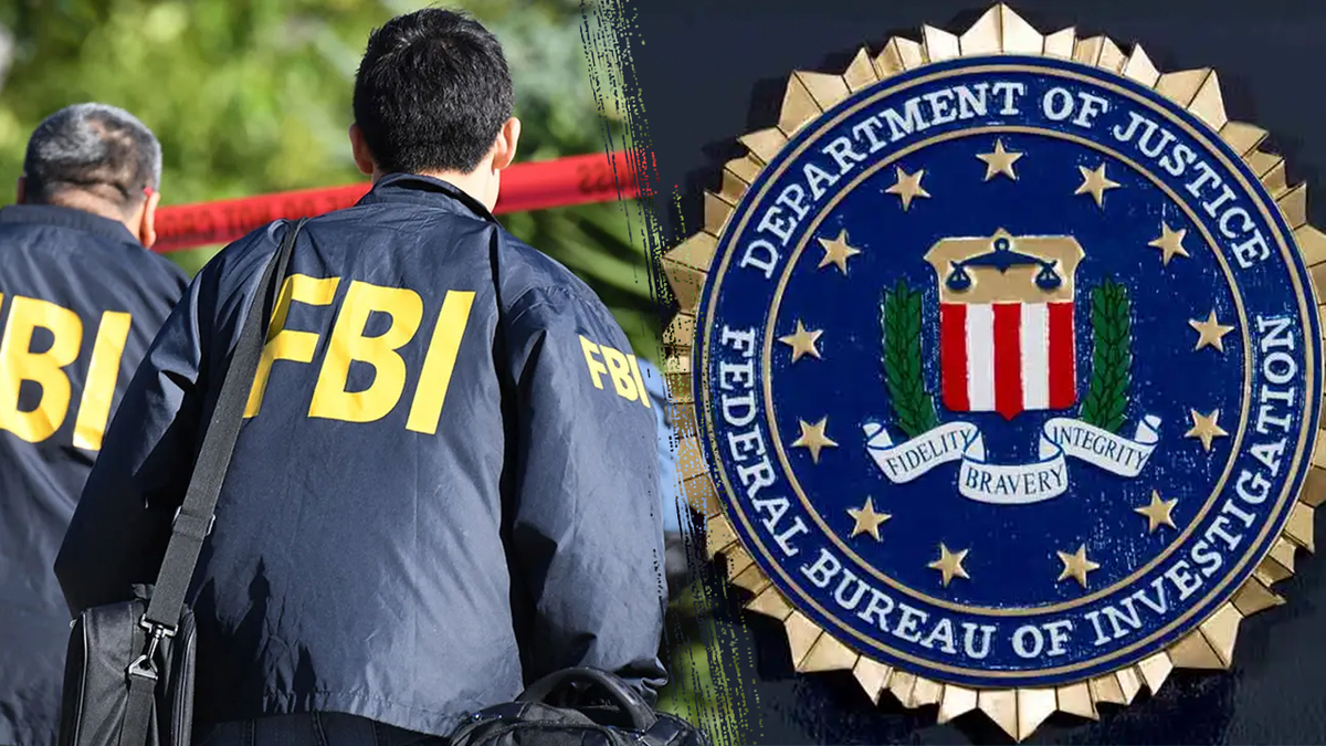 A split image of FBI agents and the Justice Department and FBI logo. Photos via Getty Images