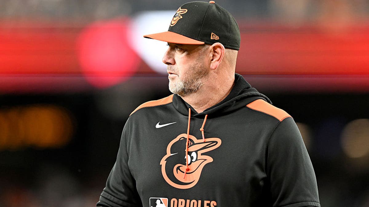 WASHINGTON, DC - APRIL 22: Brandon Hyde #18 of the Baltimore Orioles walks to the dugout after a pitching change in the sixth inning against the Washington Nationals at Nationals Park on April 22, 2025 in Washington, DC. (Photo by Greg Fiume/Getty Images)