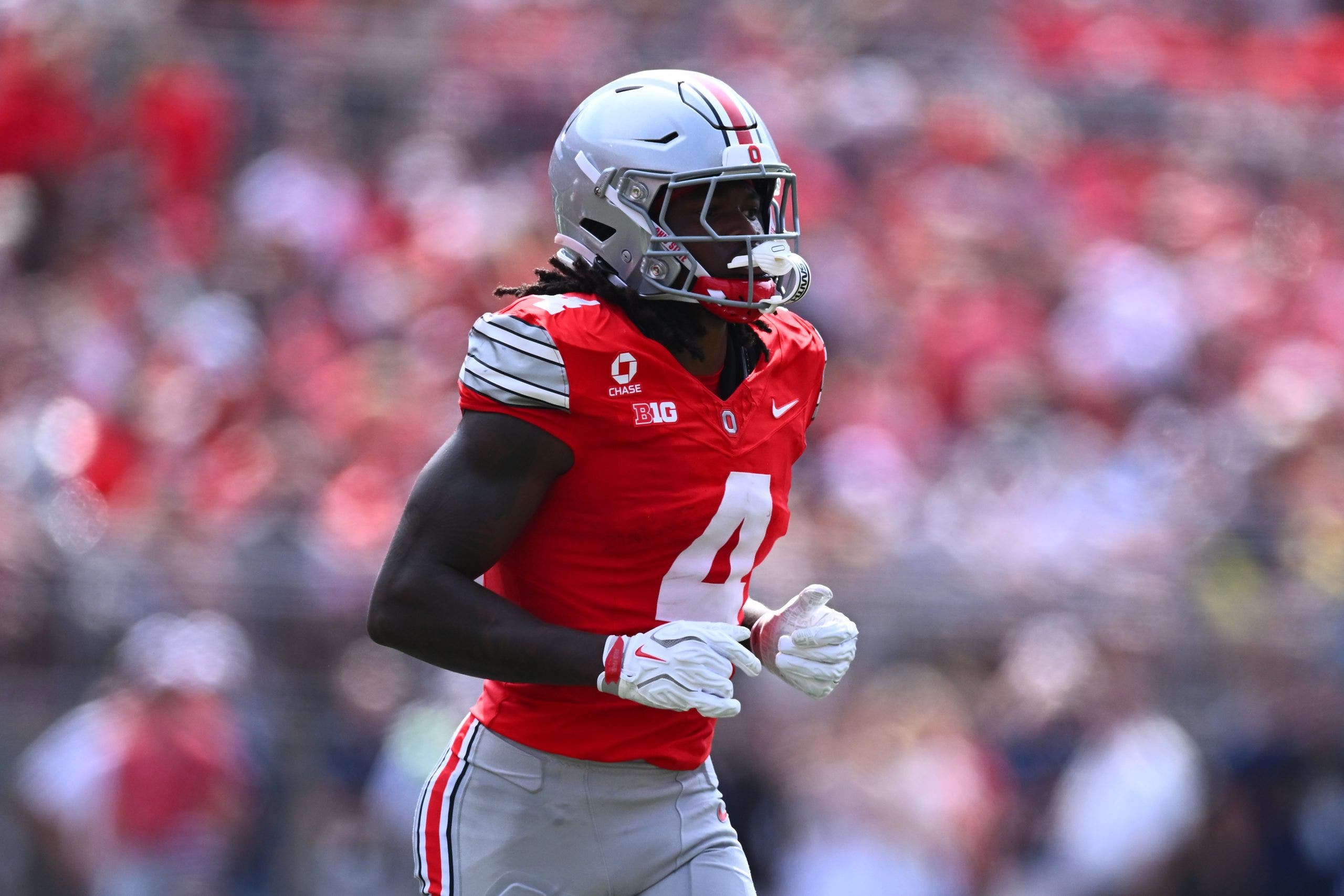 Jeremiah Smith currently leads Ohio State in receiving yards, receptions and touchdowns. (Photo by Ben Jackson/Getty Images)