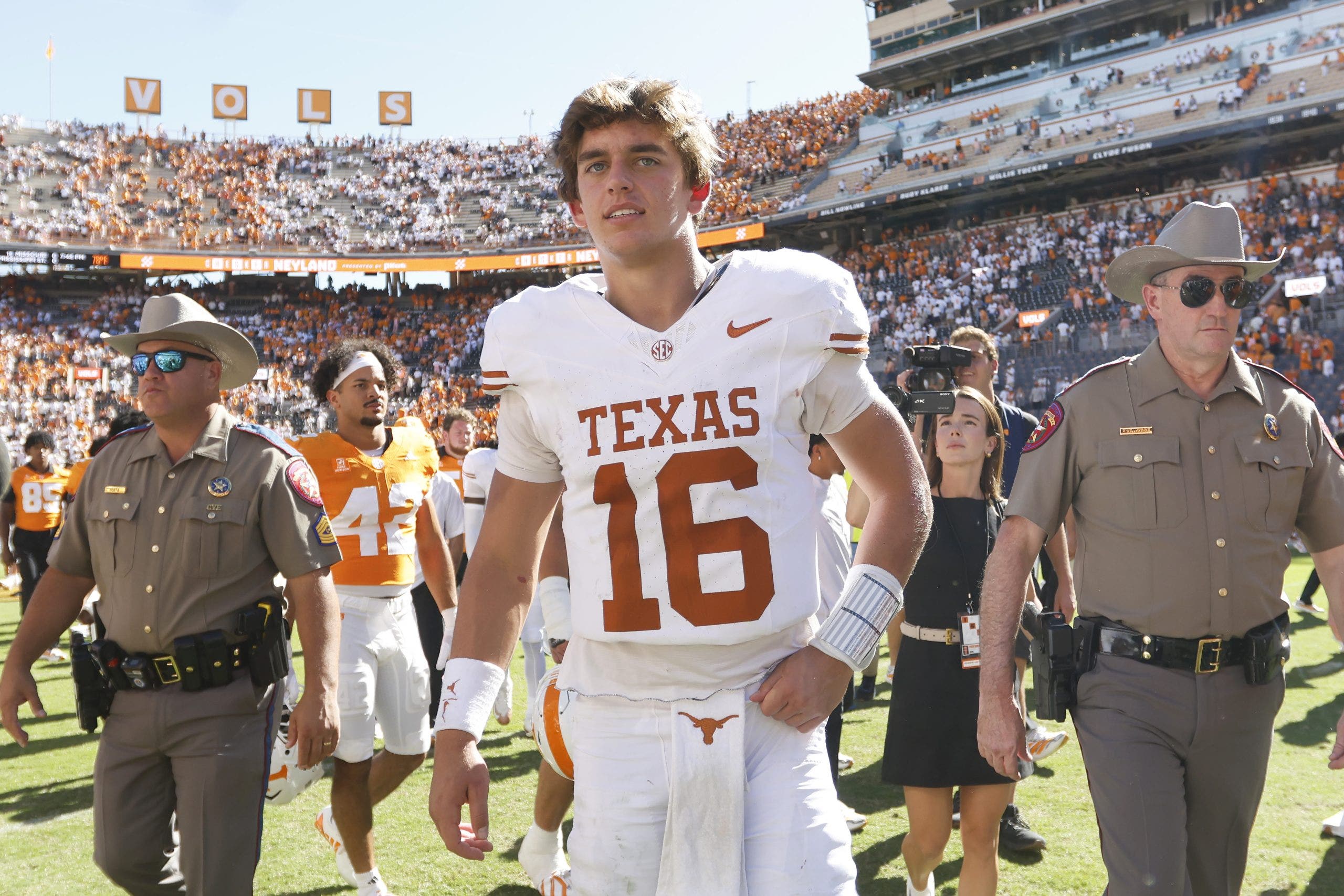 Texas quarterback Arch Manning has thrown for 862 yards and seven touchdowns this season. (Photo by Johnnie Izquierdo/Getty Images)