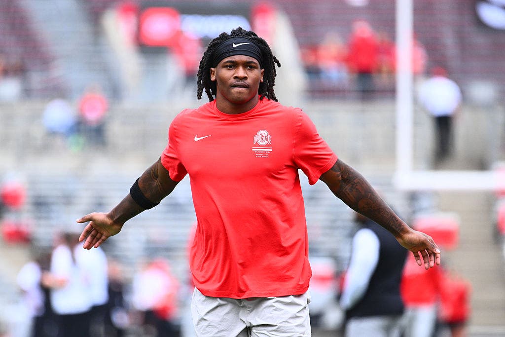 Ohio State wide receiver Jeremiah Smith is two touchdowns away from breaking the all-time Big Ten receiving touchdowns record. (Photo by Ben Jackson/Getty Images)
