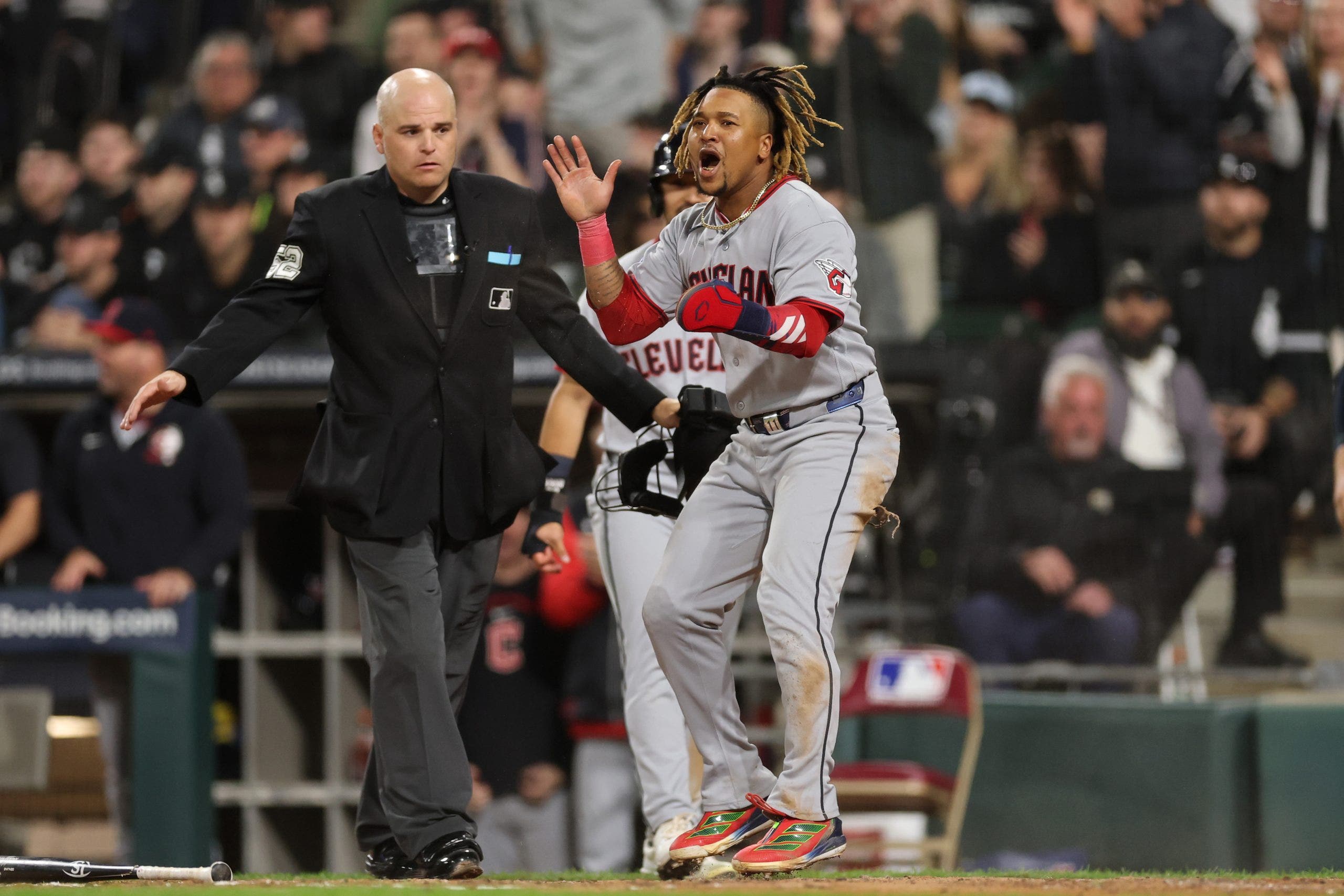 José Ramírez scored the Guardians' sixth run of the sixth inning, which put them in control of Game 4. (Michael Reaves/Getty Images)