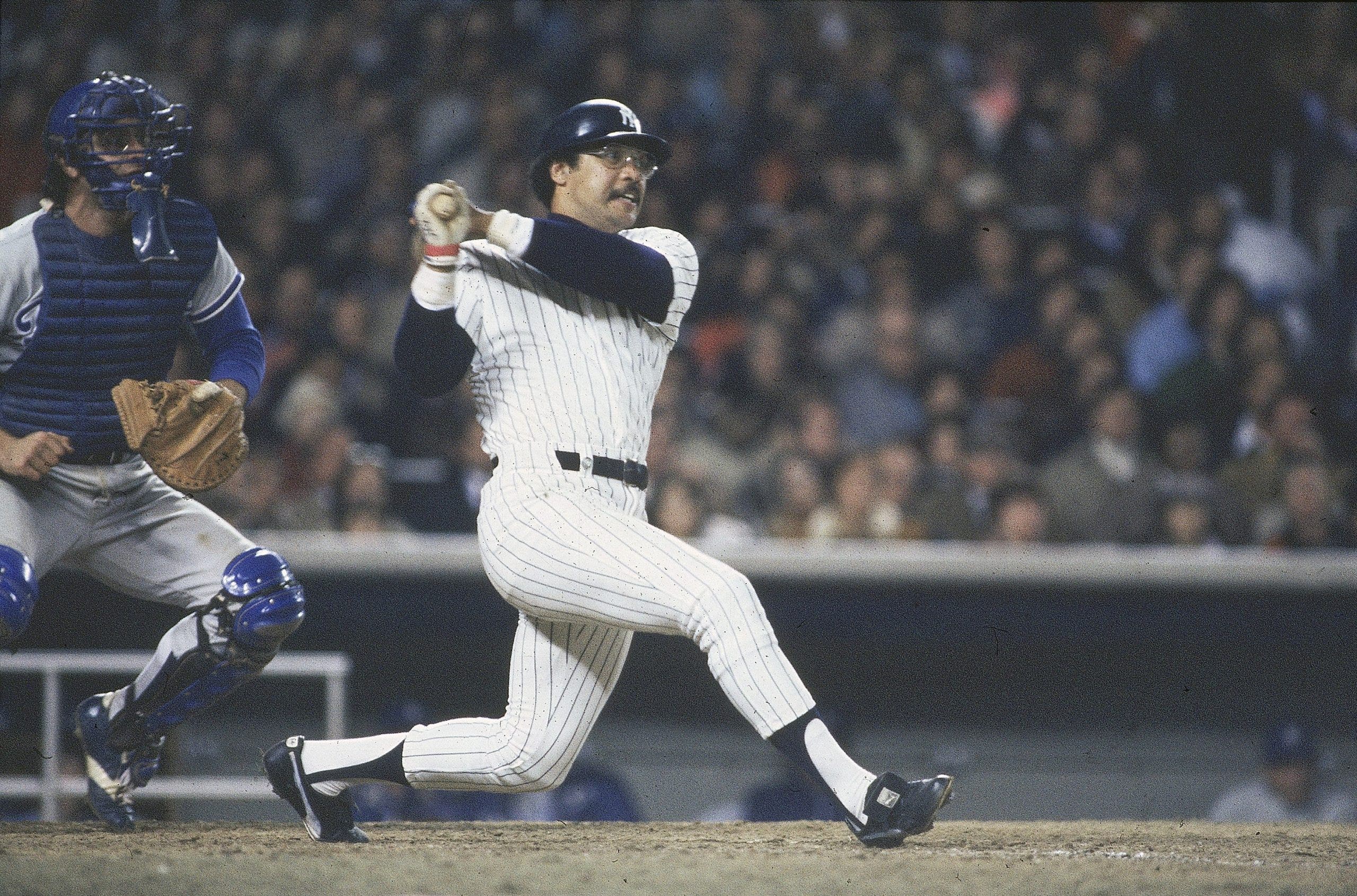 From 1977-78, Reggie Jackson hit nine home runs across 21 postseason games with the Yankees. (Photo by Walter Iooss Jr./Sports Illustrated via Getty Images) (SetNumber: X21831 TK4 R7)