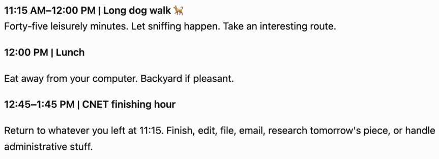 ChatGPT's midday plan, including a long dog walk.