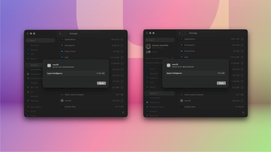 The Storage page in MacOS 27 after disabling some Apple intelligence features.