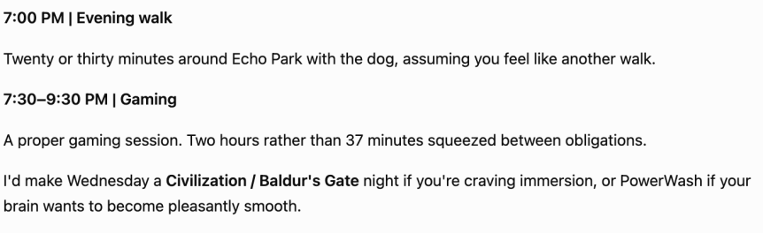 ChatGPT's evening plan, including a two-hour gaming session.