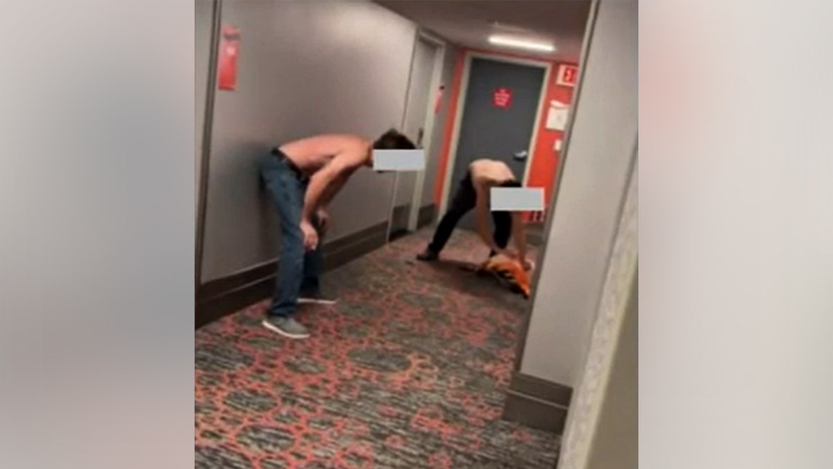 Two men in a hallway trying to grab a flamingo