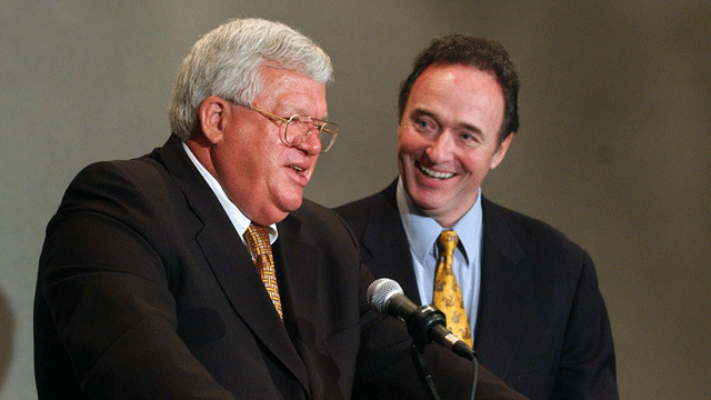 In this May 29, 2004 file photo, Rep. Dan Lungren, right, Republican candidate for the 3rd Congressional District, laughs at a light hearted comment made by Speaker of the House Dennis Hastert during a news conference held in Sacramento, Calif. (AP)