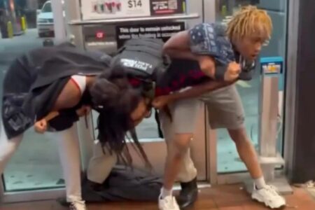 Shocking video shows 2 women leap on top off-duty cop at gas station — before trying to snatch his gun