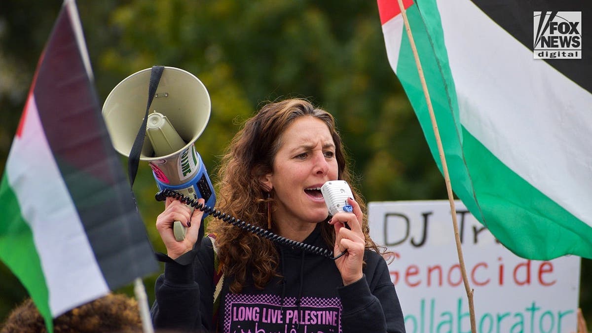 Olivia DiNucci, D.C. coordinator at CodePink, marches at an anti-Israel protest in Washington, D.C., on Oct. 10, 2026.