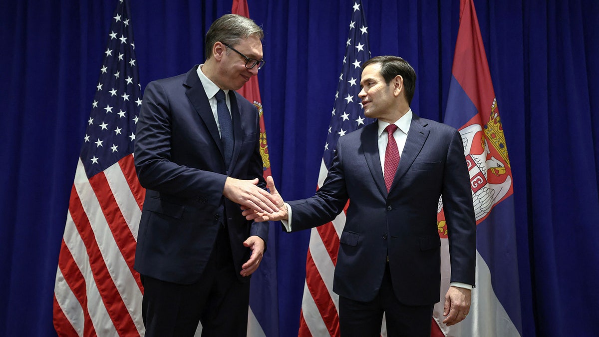 US Secretary of State Marco Rubio (R) meets with Serbian President Aleksandar Vucic